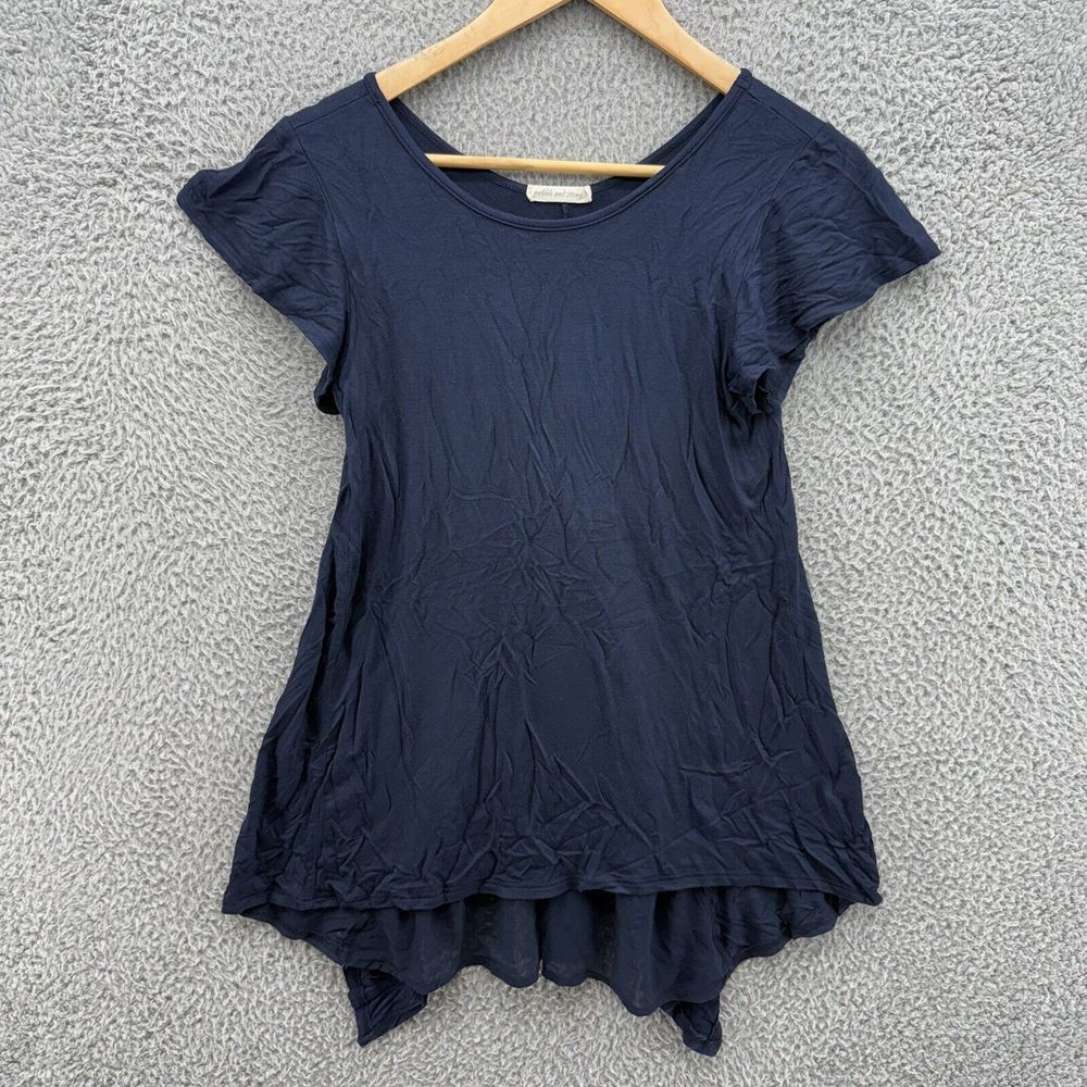 Pebble and Stone Women's Small Navy Tunic Short Sleeve Split Ruffle Back‎ Top